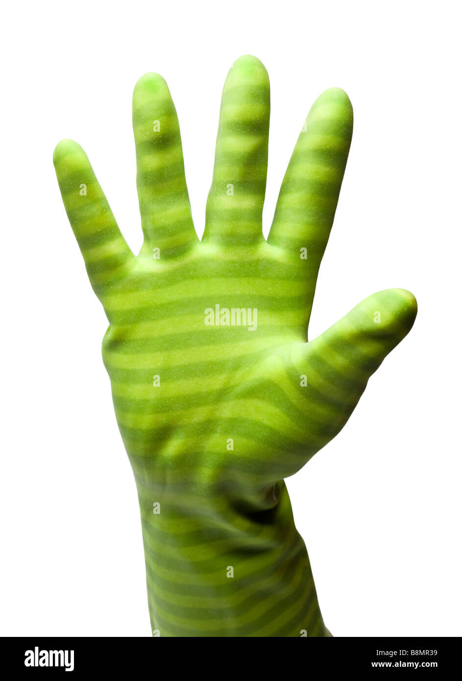 Female hand in rubber glove on white cutout MR Stock Photo