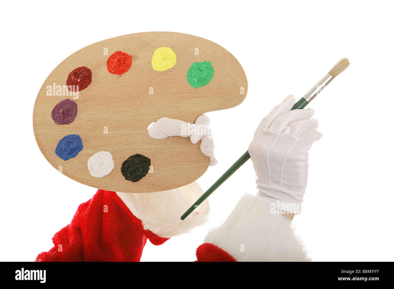 Santas Hands Isolated With Paintbrush And Artist Palette Focus On