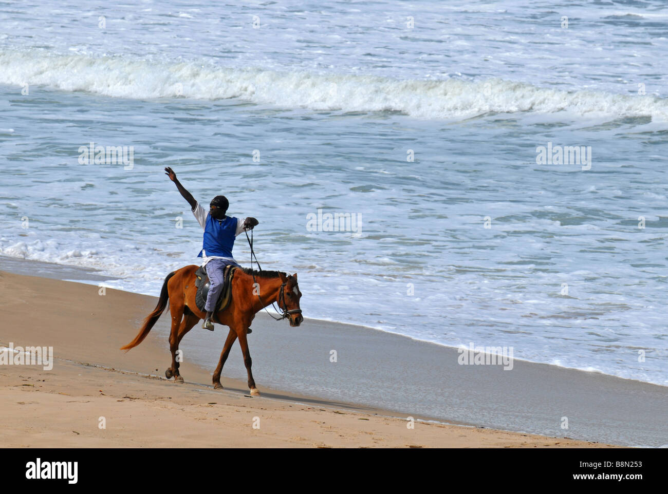 Local man on horseback waves to female tourists on the beach, The Gambia, “West Africa” Stock Photo