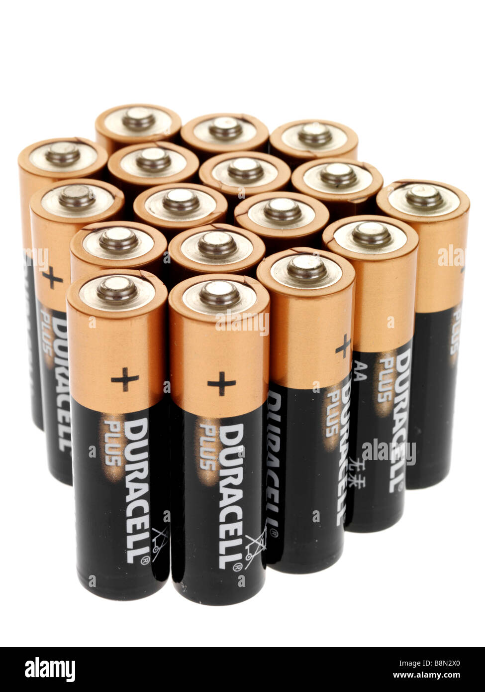 Collection Of AA Size Duracell Plus Energy Batteries Cells Isolated Against A White Background With No People And A Clipping Path Stock Photo