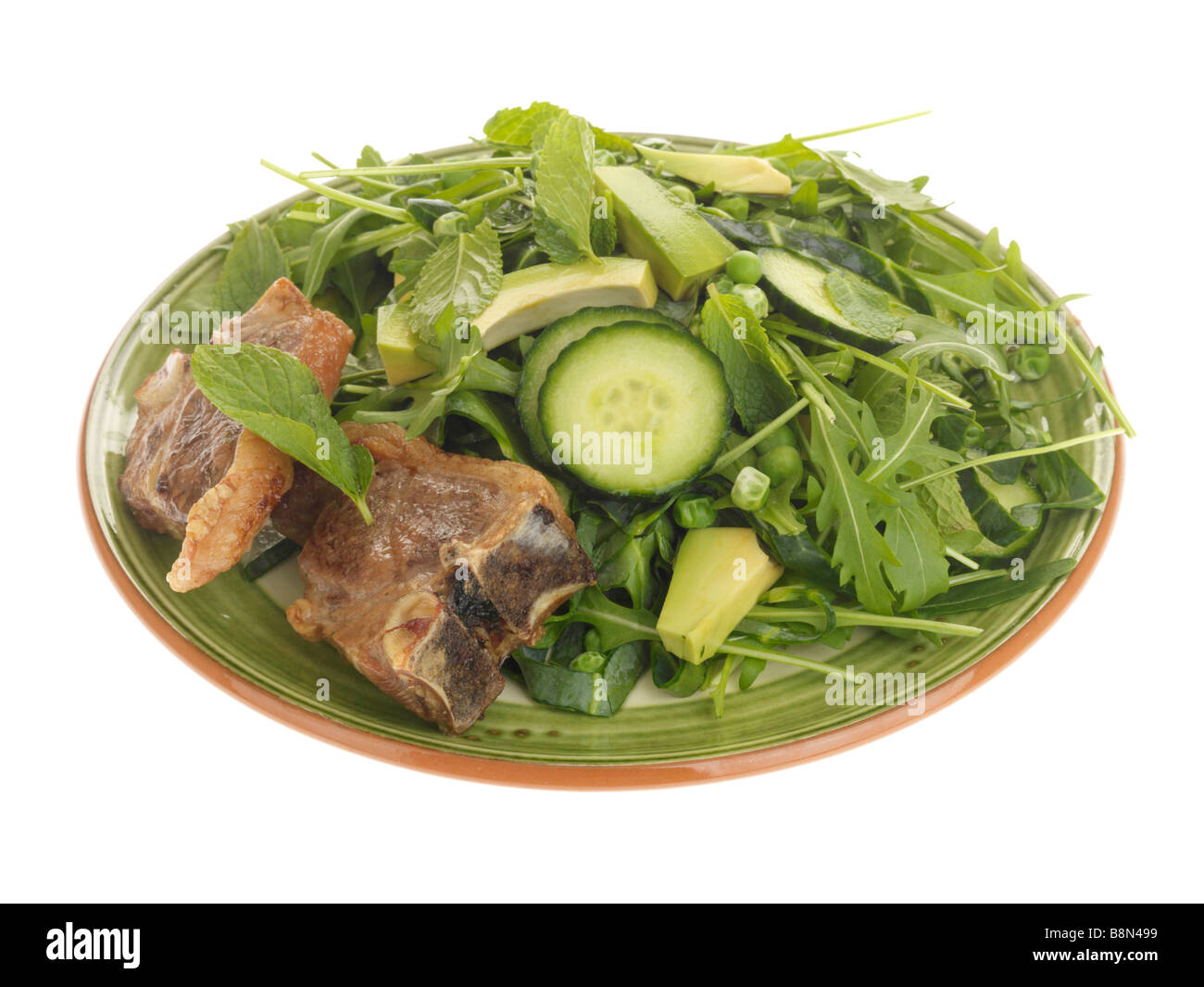 Freshly Cooked Tender Sweet Lamb Chops With Avocado Salad and Rocket leaves Isolated Against A White Background With No People And A Clipping Path Stock Photo