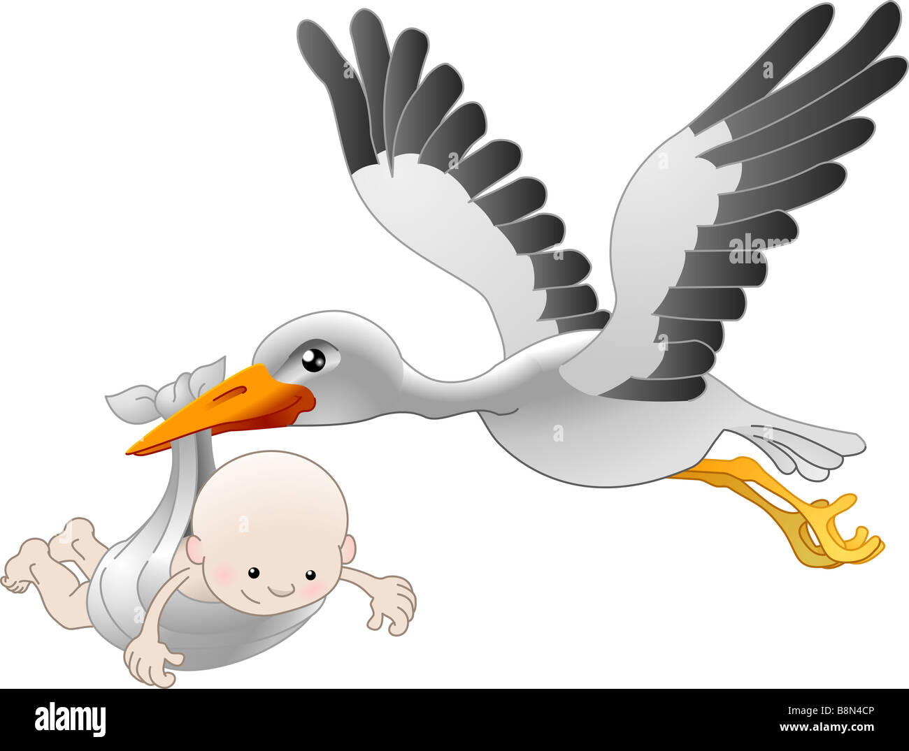 Illustration of a flying stork delivering a newborn baby Stock Photo
