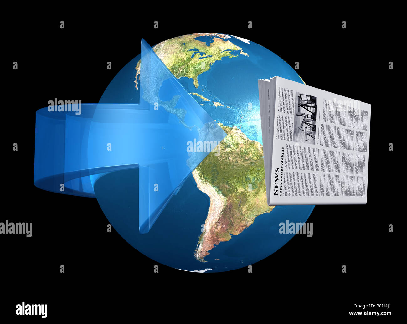 Illustration of a newspaper flying around the world illustrating news from around the world Stock Photo