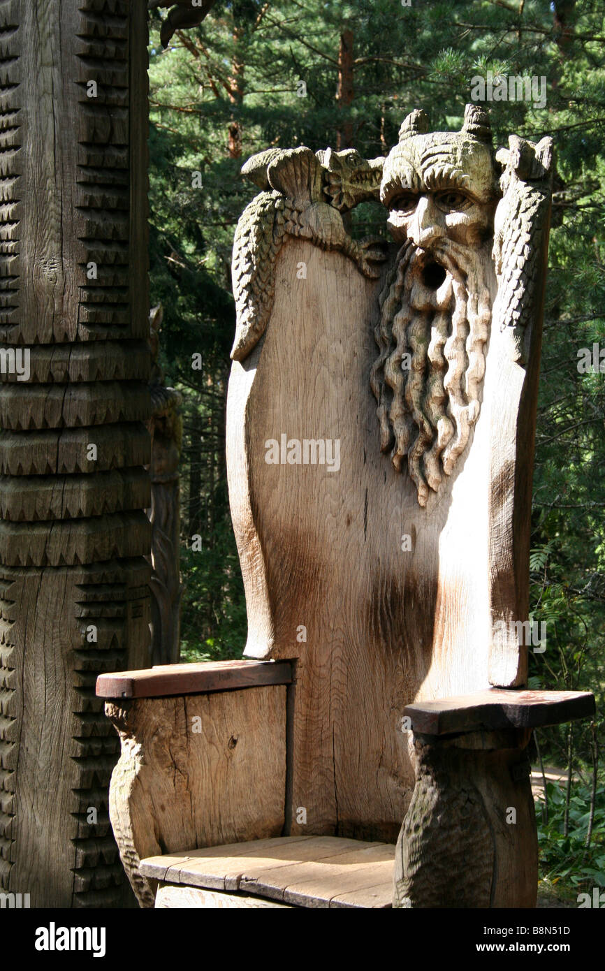 Wooden Sculpture at the Witches' Hill in Juodkrante on the Curonian/Neringa Spit in Lithuania Stock Photo