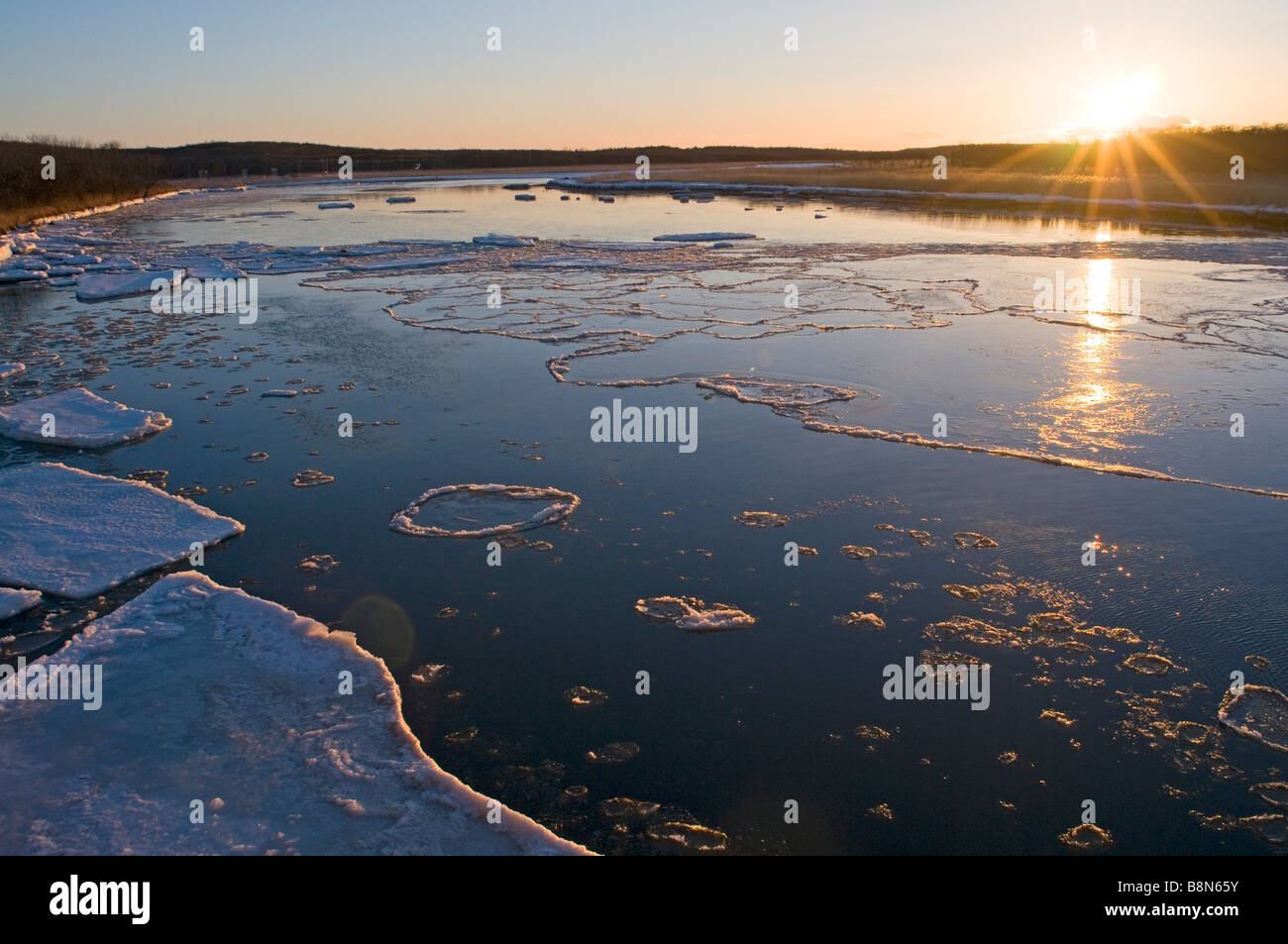 frozen river on Shiretoko Peninsula Hokkaido Japan winter Stock Photo