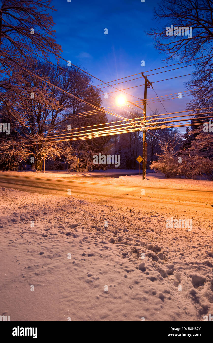 Street Light On Snowy Winter Morning At Sunrise Stock Photo
