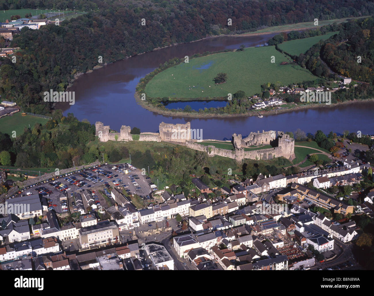 Chepstow Castle, town and River Wye Aerial view Monmouthshire South Wales UK Stock Photo