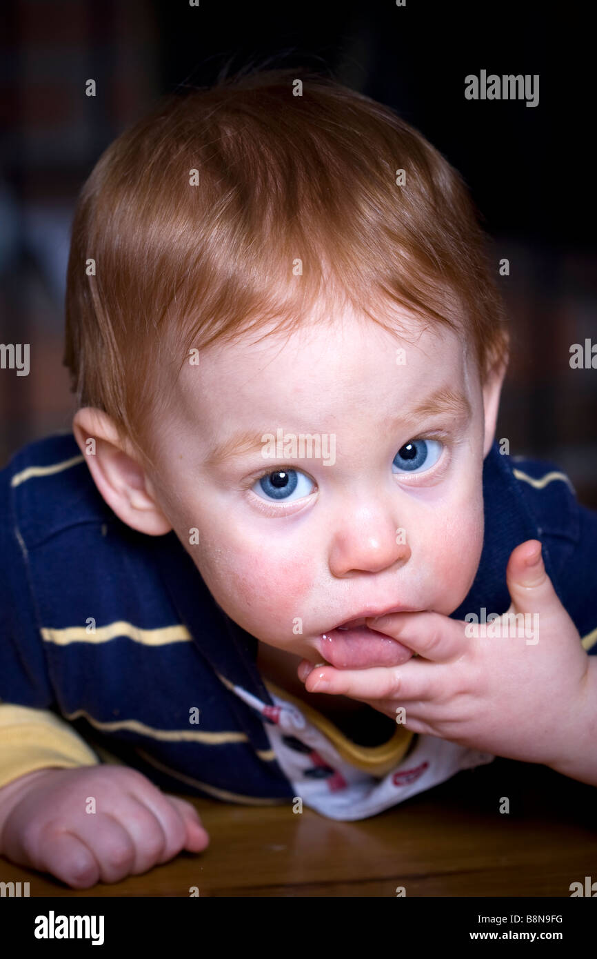 Cute baby boy licking fingers and feeling gums Stock Photo Alamy