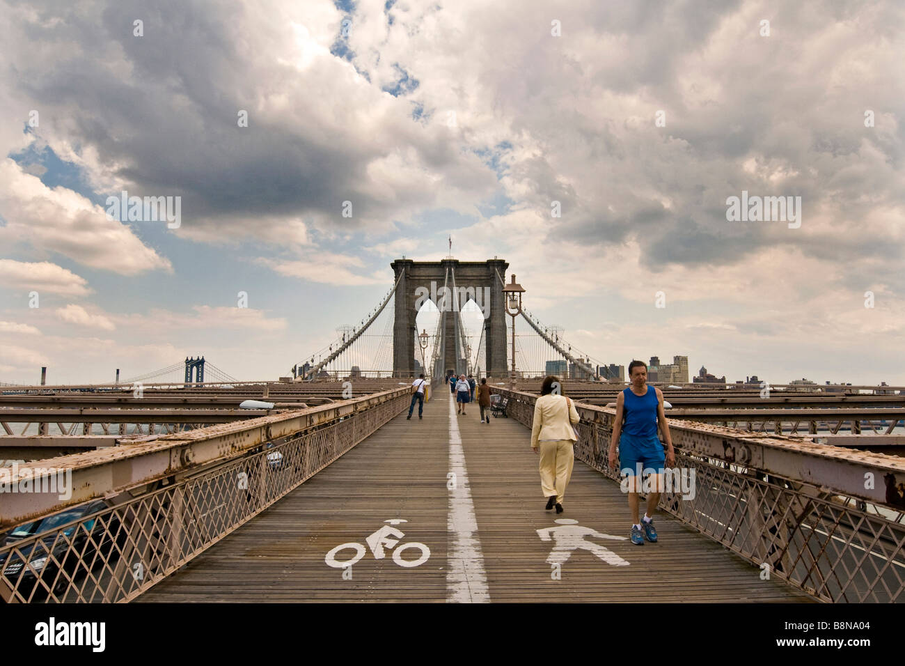 Pedestrian and cycle lanes on the Brooklyn bridge Stock Photo