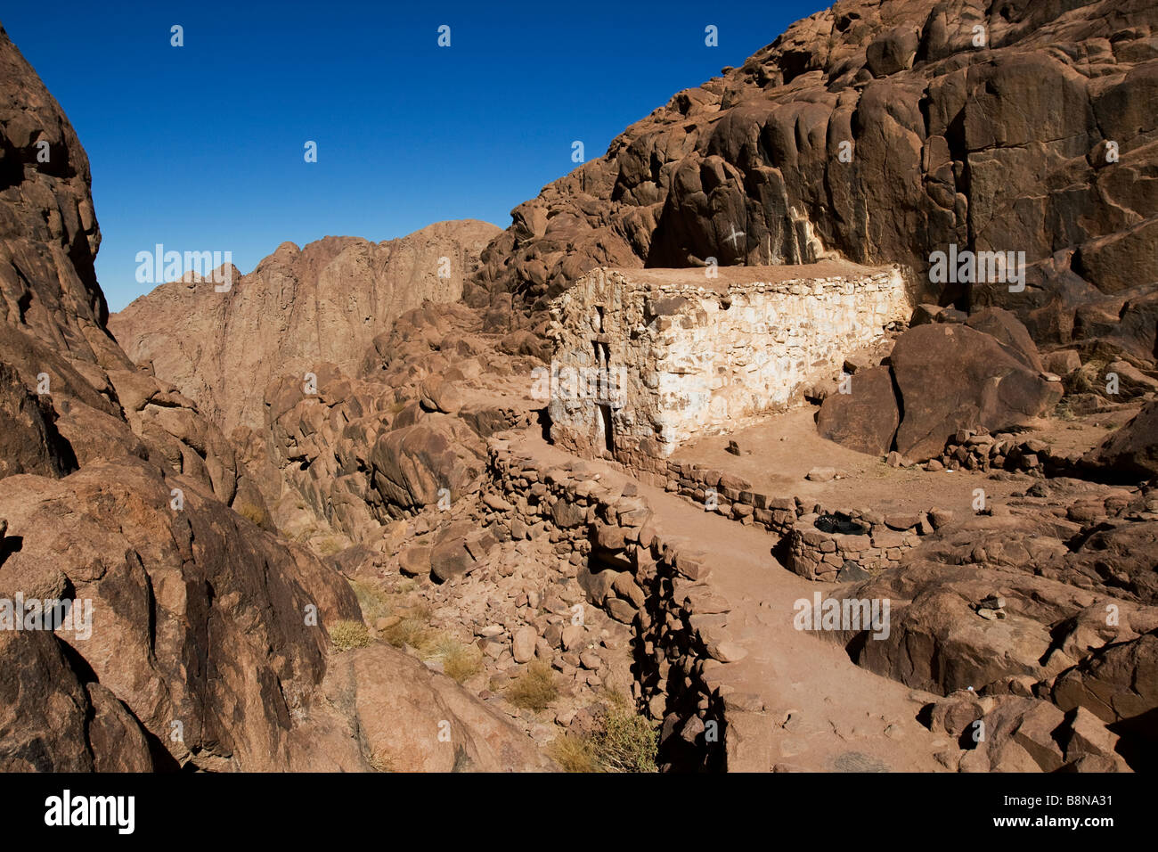 an old stone church on the way to the top to Mount Sinai, the mount of God, Sinai, Egypt Stock Photo