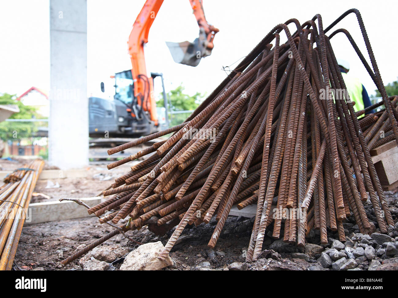 Close up of reinforcement steel metal rods on a building site. Stock Photo
