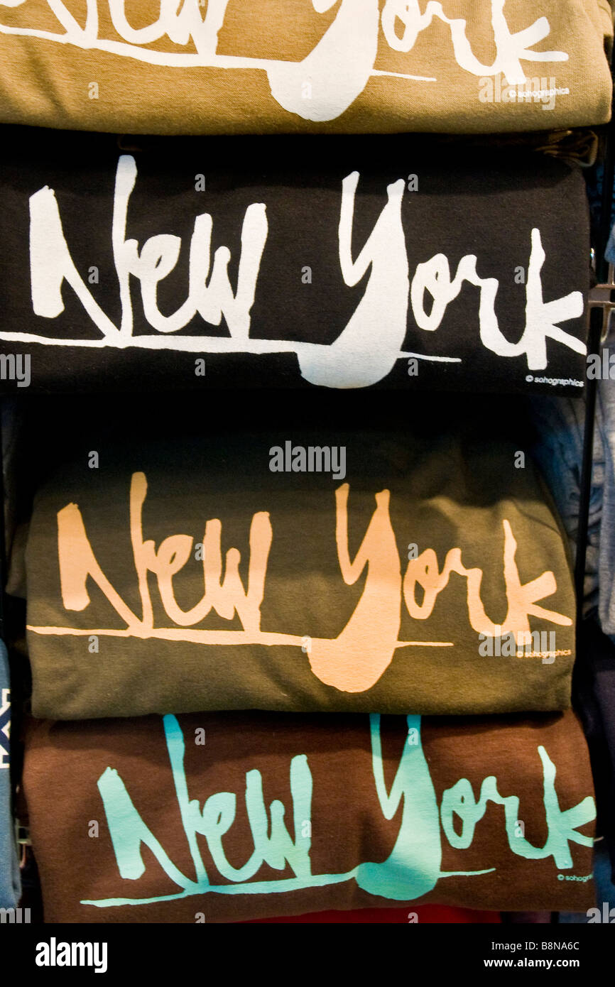 Close-up of printed souvenir T-shirts for sale at the Fulton store Stock Photo