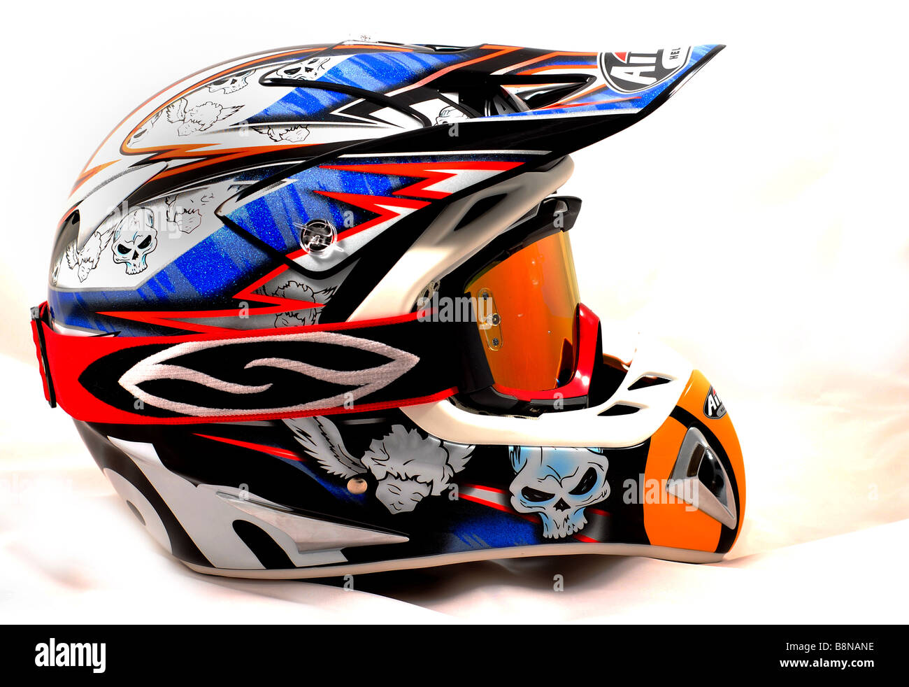 Professional motocross safety goggles on a safety helmet Stock Photo