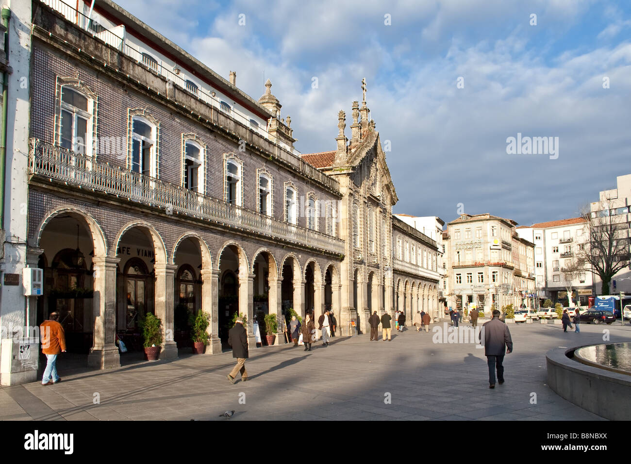 Arcadas Palace and Lapa church in Braga city, Portugal. The arcades are used by commerce namely by the famous Café Vianna. Stock Photo