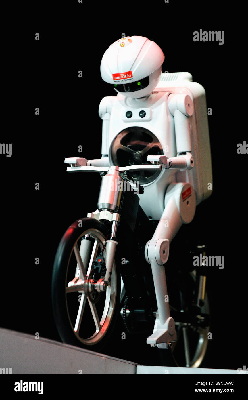 'Seisaku kun,' a cycling humanoid robot from Murata Manufacturing Co is demonstrated in Japan. Stock Photo