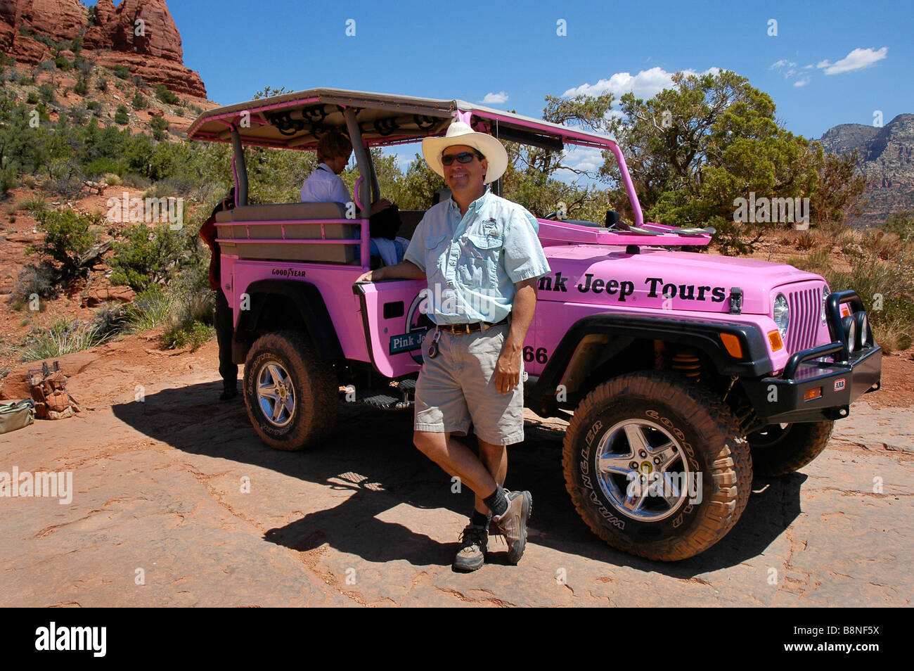 Pink Jeep tour guide at Chicken Point near Sedona AZ Stock Photo