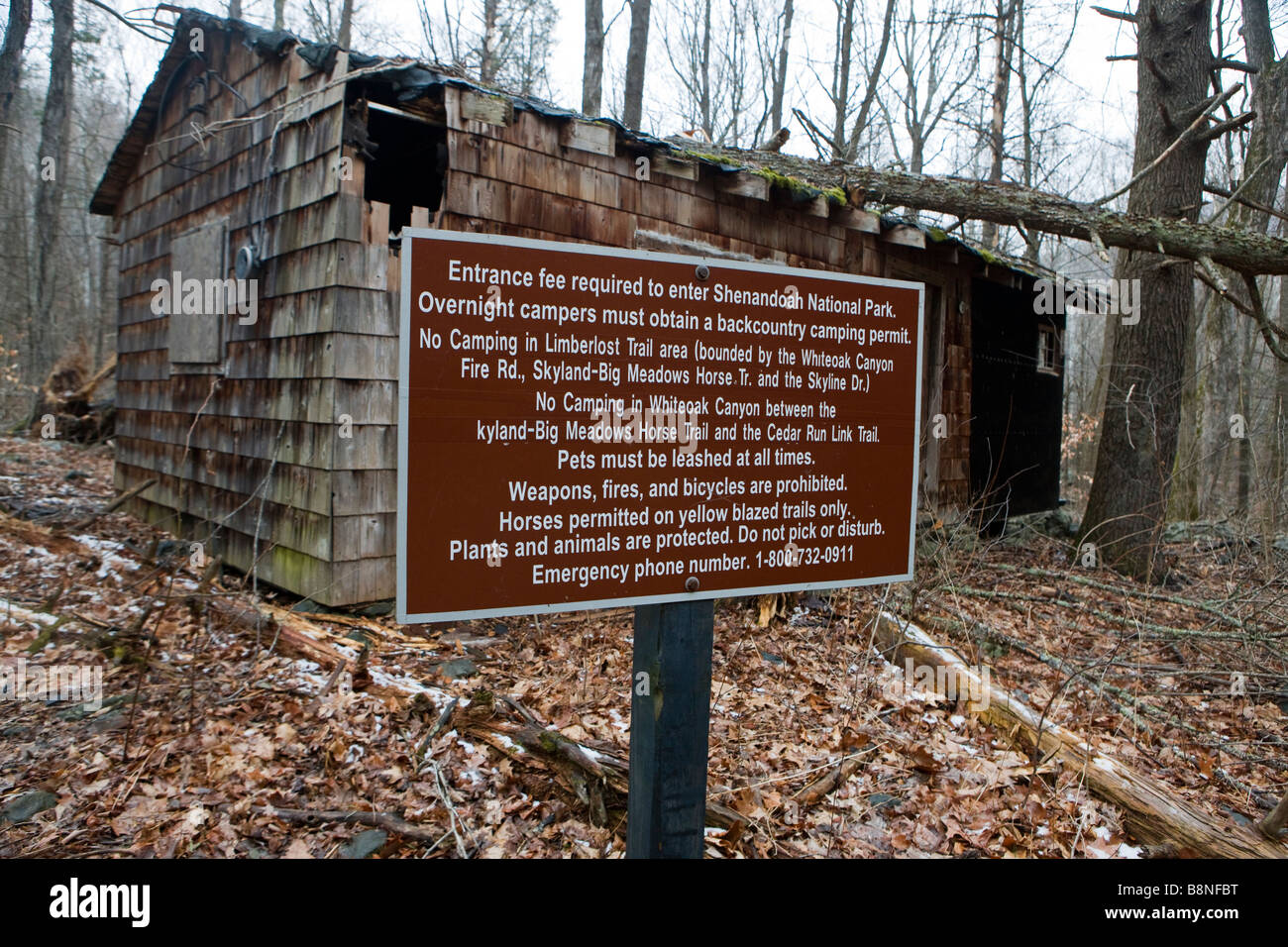 NPS warning sign regarding regulations for Whiteoak Canyon Trail and Falls Shenandoah National Park Virginia Stock Photo