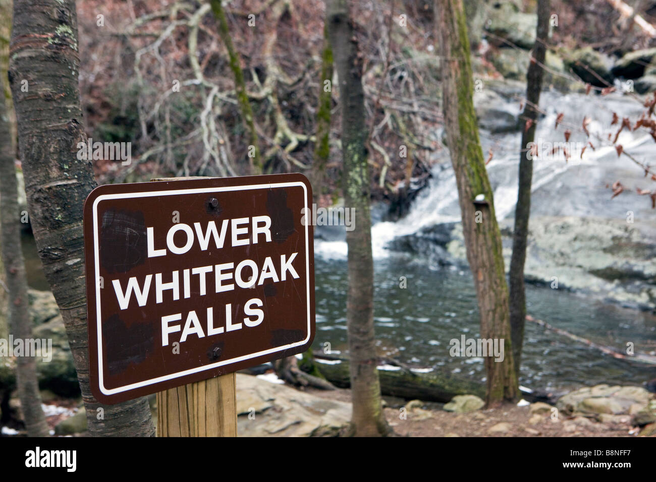 Sign for Lower Whiteoak Falls Whiteoak Canyon Trail and Falls Shenandoah National Park Virginia Stock Photo