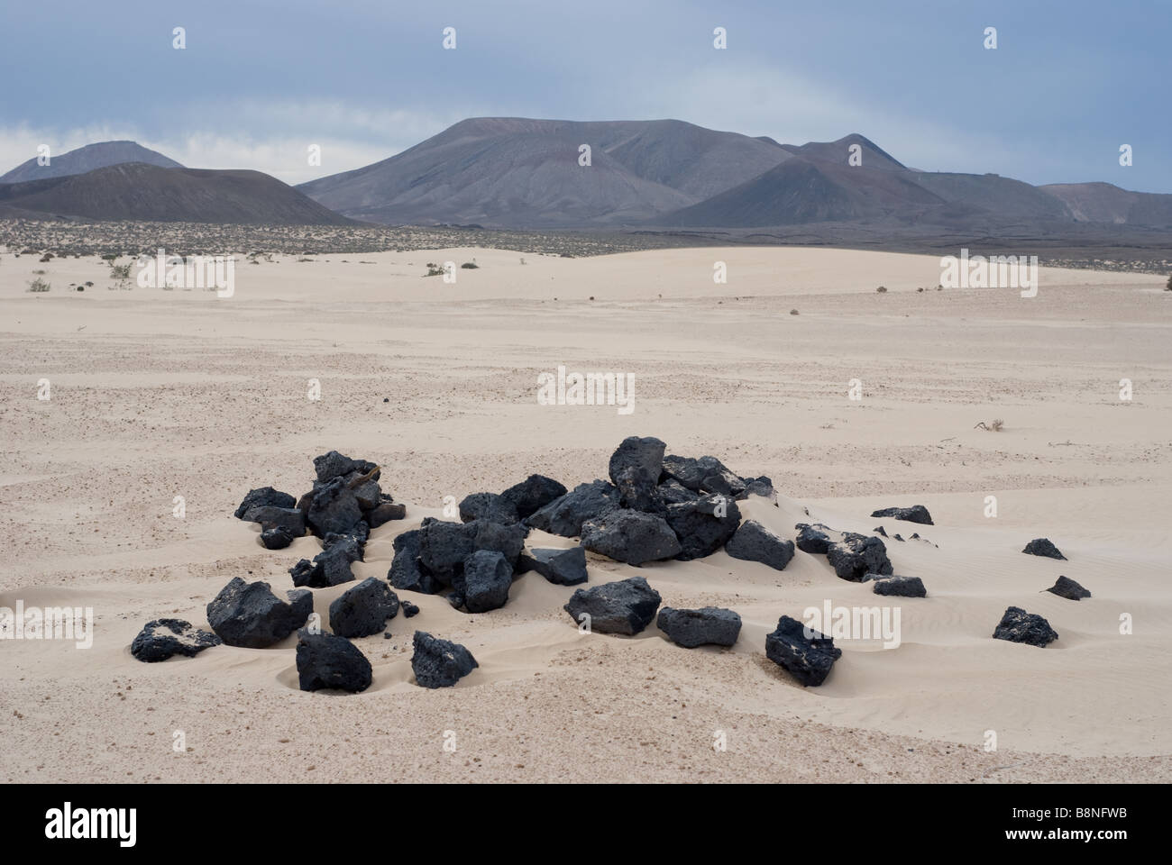 Black stones on the dunes Corralejo Fuerteventura Spain Stock Photo