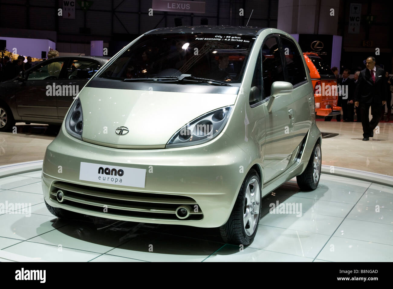 Tata Nano Europa exhibit at a motor show. Stock Photo