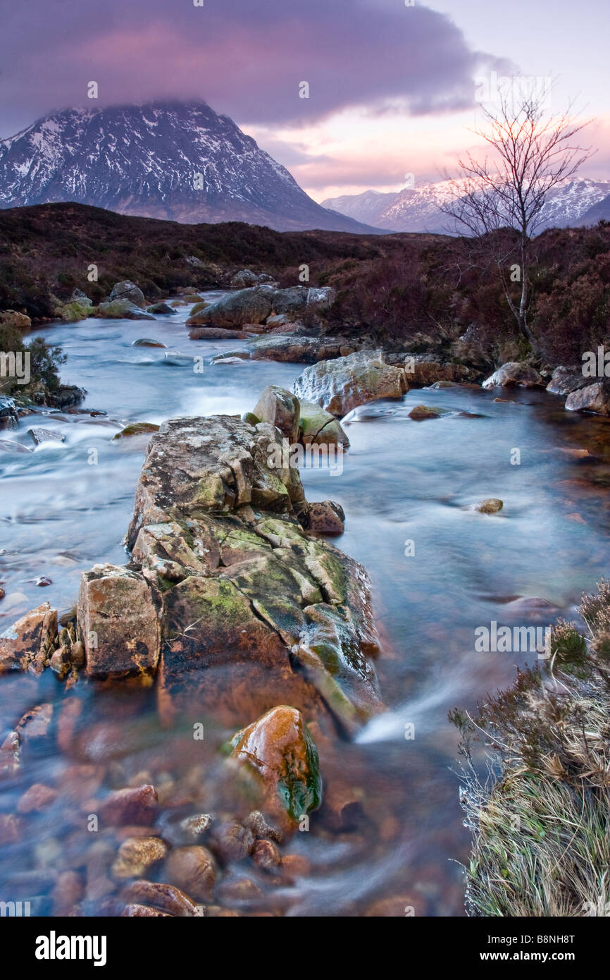 Winter River Scene, Snow Capped Buachaille Etive Mor at Dawn, Scottish Highlands, Scotland. U.K. Stock Photo