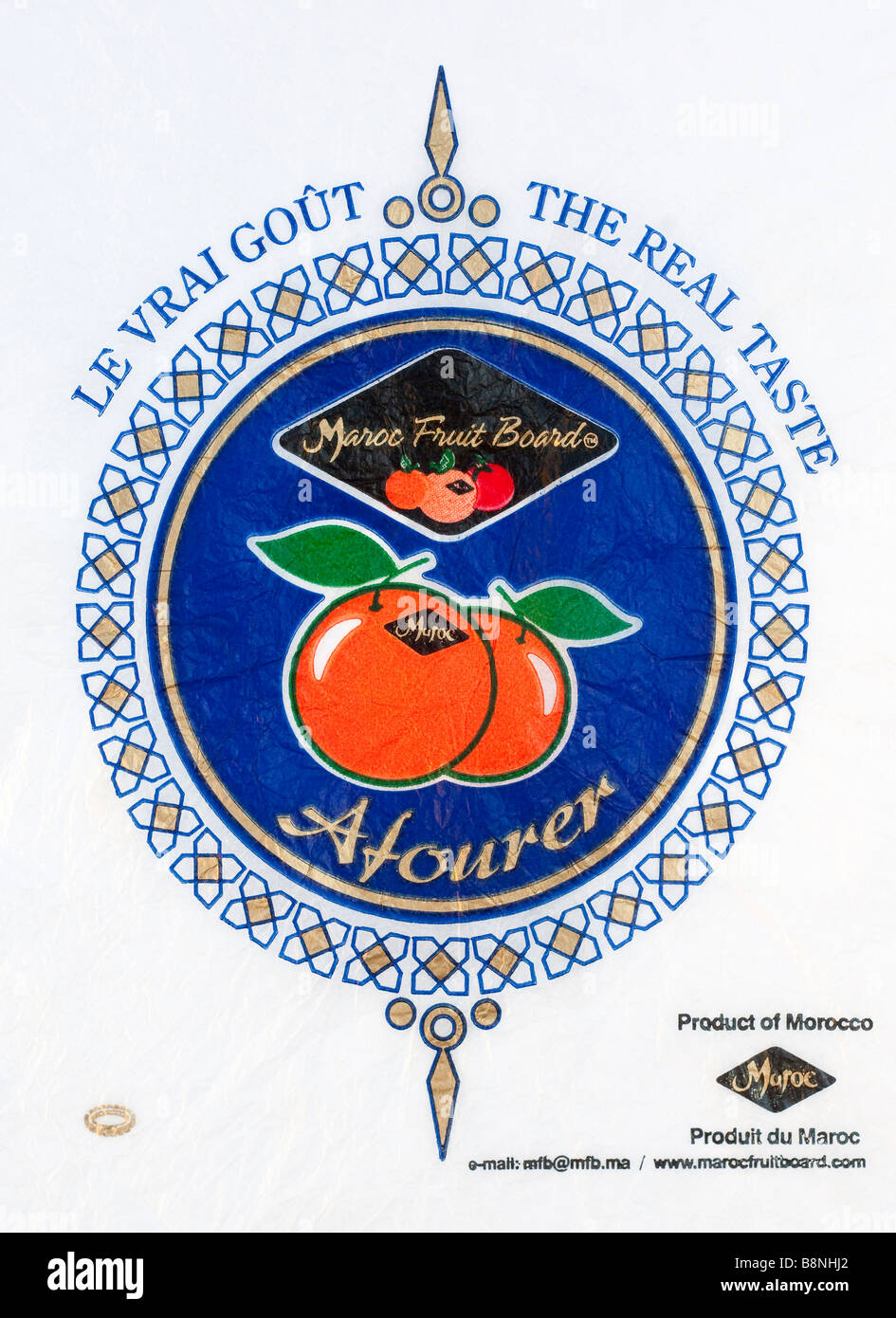 Citrus fruit wrapper from Morocco - Oranges illustration on tissue paper. Stock Photo
