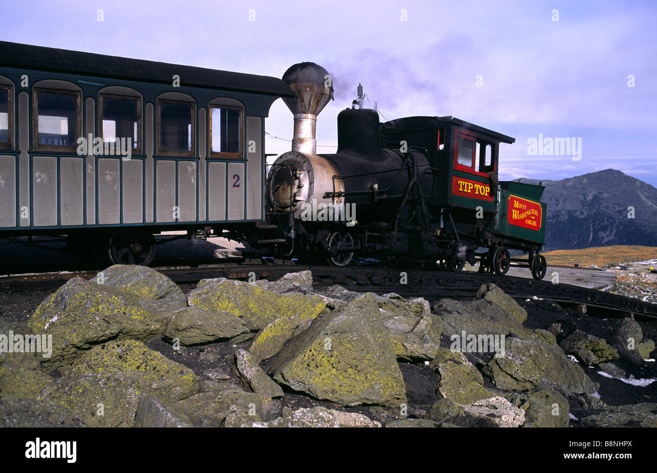 Mount Washington cog railway at the summit Stock Photo