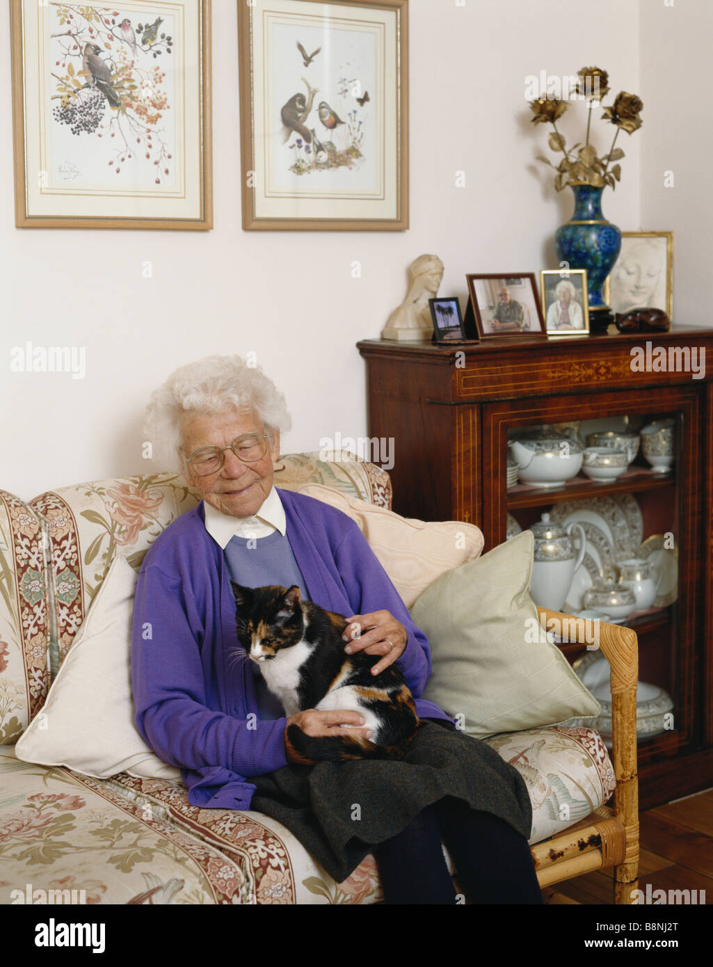 Elderly lady at home stroking pet cat Stock Photo