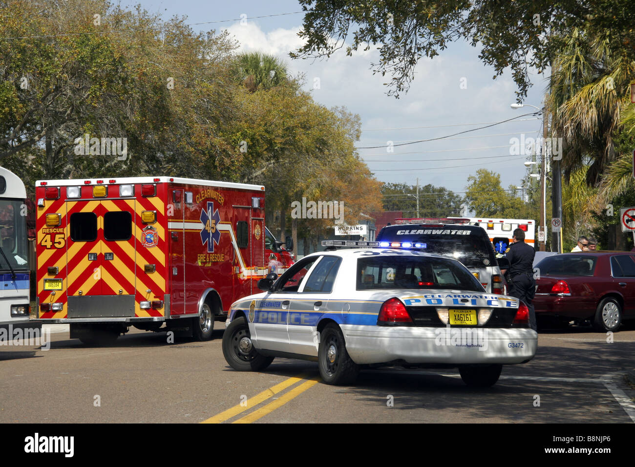 Clearwater police and emergency services respond to a vehicle accident