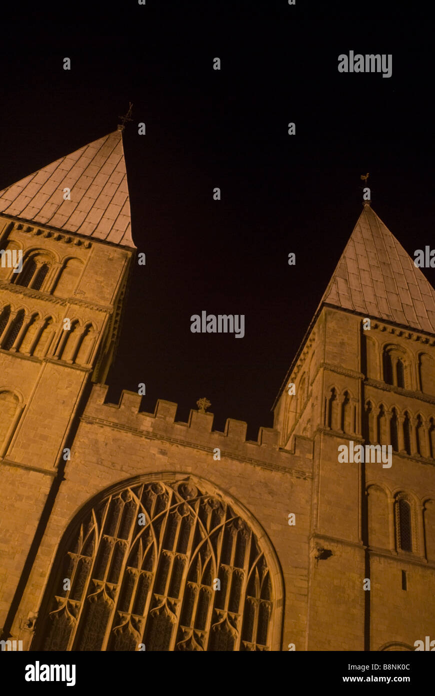 The towers of Southwell Minster at night Stock Photo