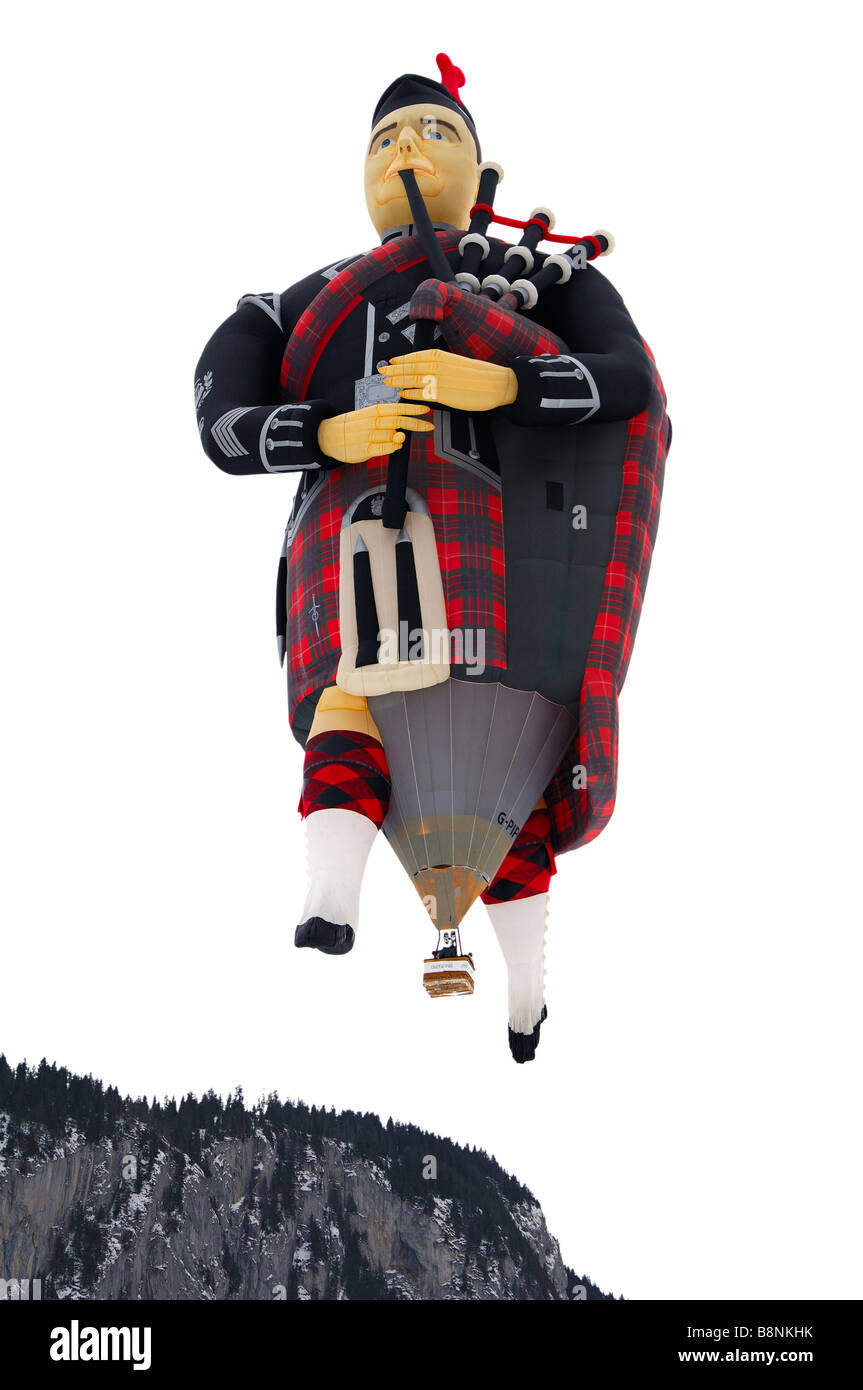 special shape hot air balloon Flying Scotsman G PIPY Cameron SS Balloon  Piper 105 flying over the Bernese Oberland, Switzerland Stock Photo - Alamy