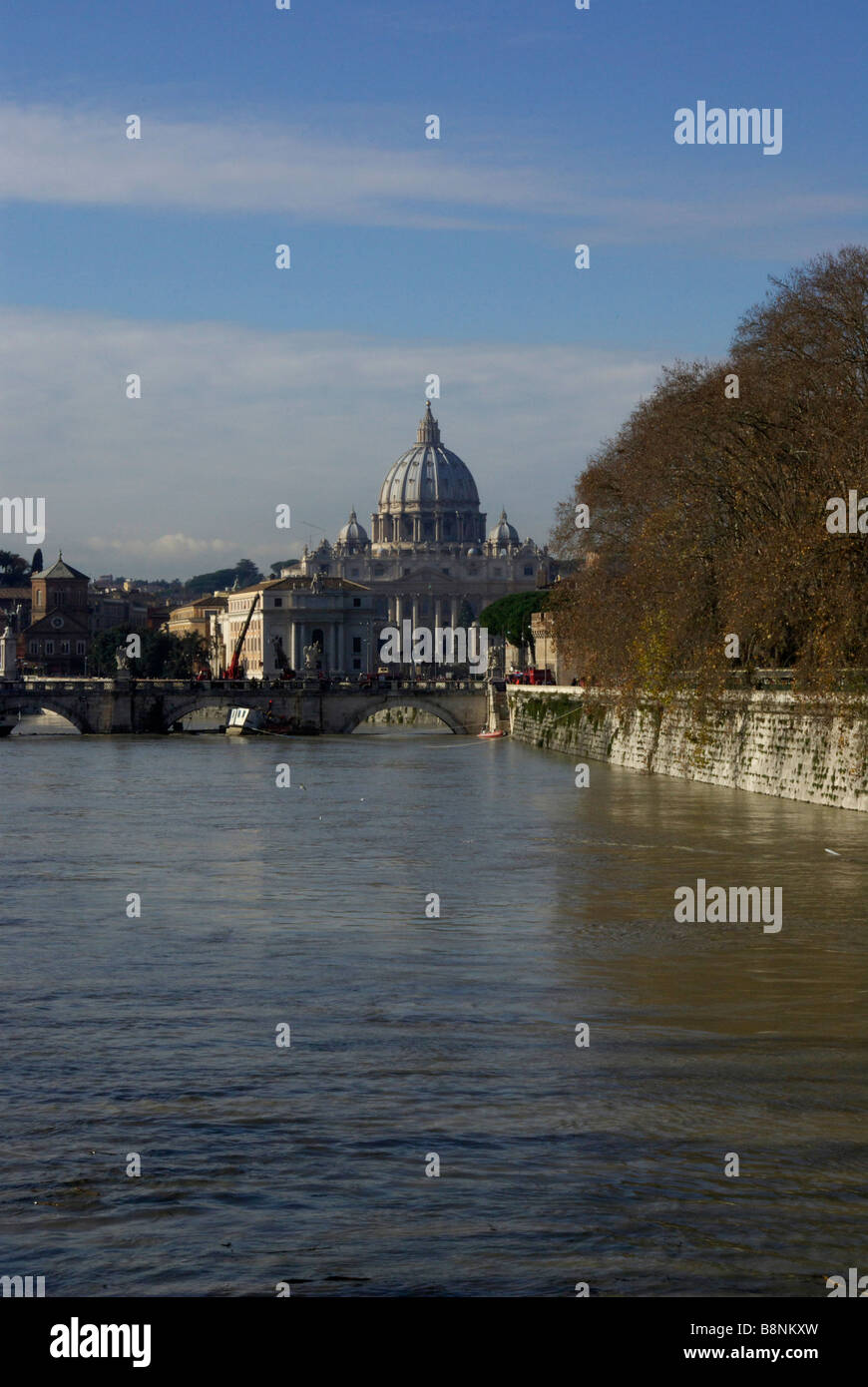Saint Peter's cathedral during high water levels of river Tiber, Rome, Italy Stock Photo