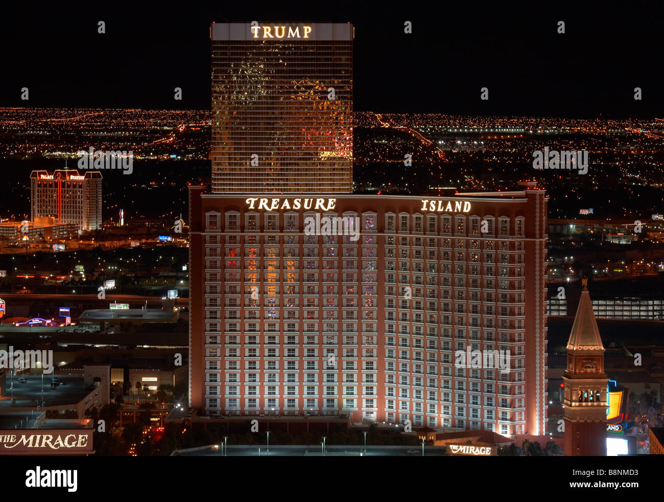 Trump and Treasure Island - The Strip - Night Scene - Las Vegas Stock Photo