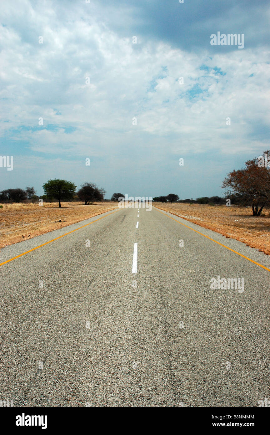 Desolate road in middle of nowhere in Nxai pan Botswana Stock Photo