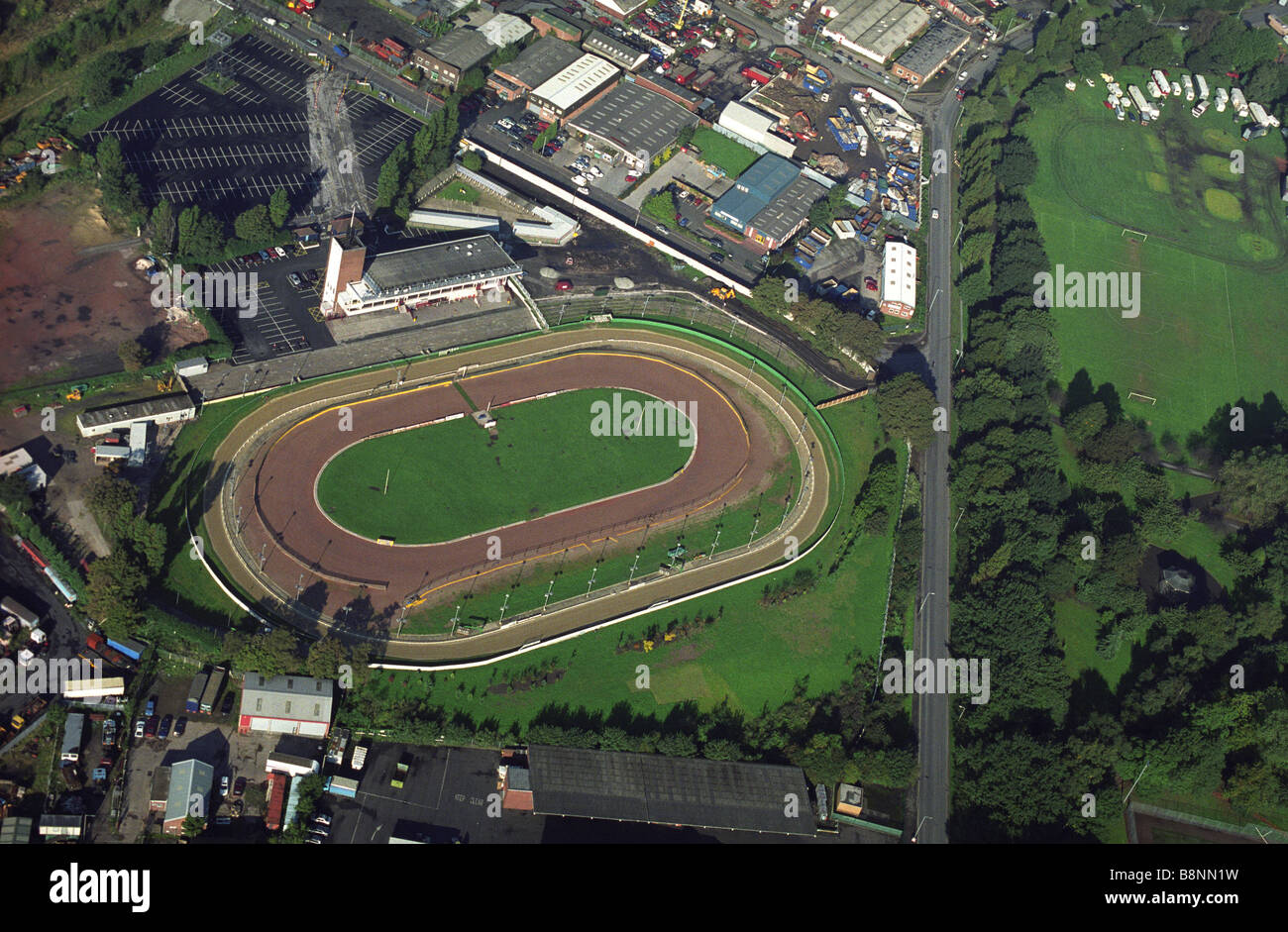 Aerial view of Monmore Green dog racing track and Wolves Speeday circuit in Wolverhampton England Uk Stock Photo