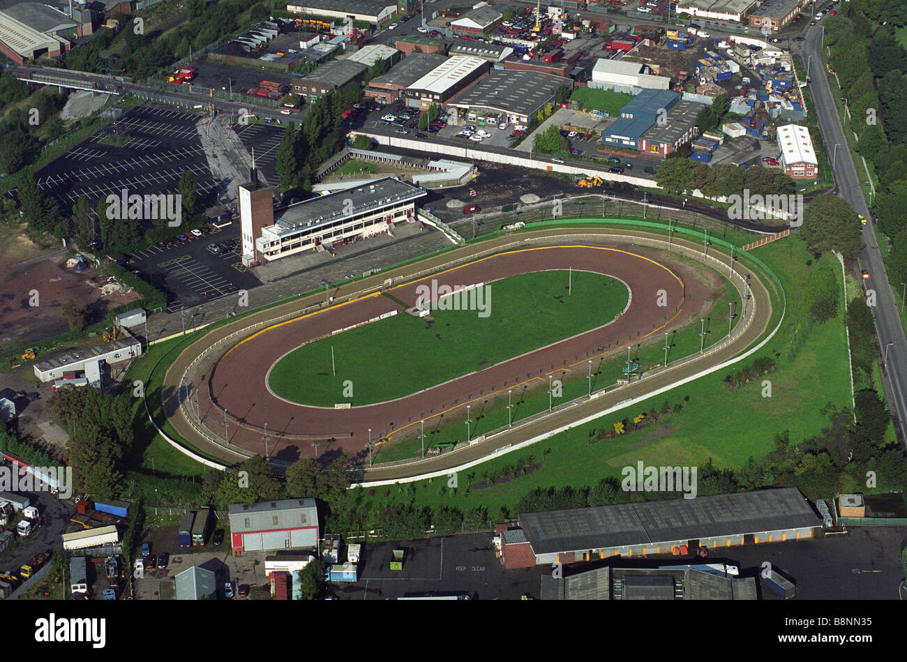 Aerial view of Monmore Green dog racing track and Wolves Speeday circuit in Wolverhampton England Uk Stock Photo