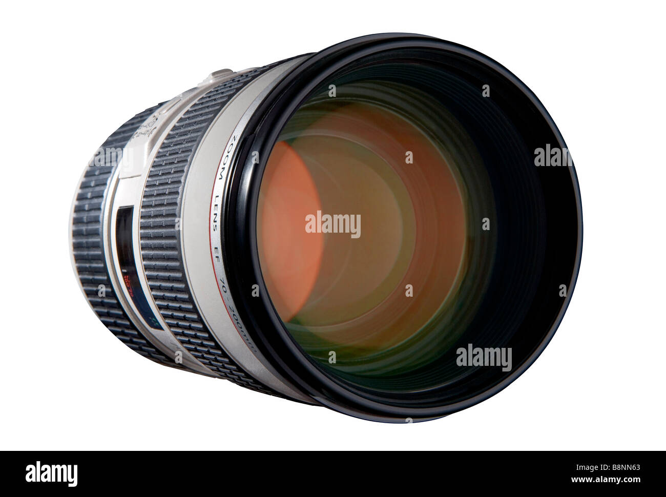 A white telephoto lens with red coatings on the front elements This one is an 80 200 zoom Stock Photo