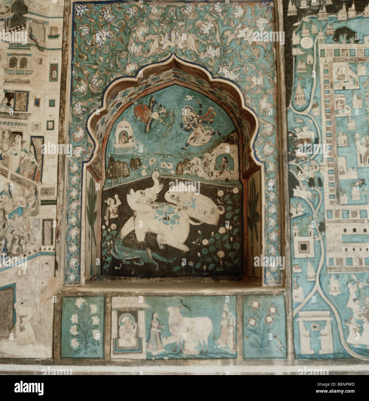 Wall painting in the painted mahal Taragarh fort Bundi Rajasthan India