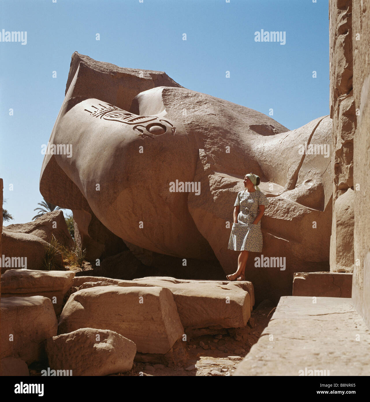 Tourist adding scale to the fallen colossal head of the statue of Ramesses II at ancient Thebes Luxor Valley of the Kings Egypt Stock Photo