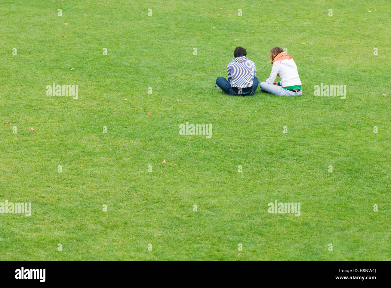 Young couple sitting side by side on lawn, rear view Stock Photo