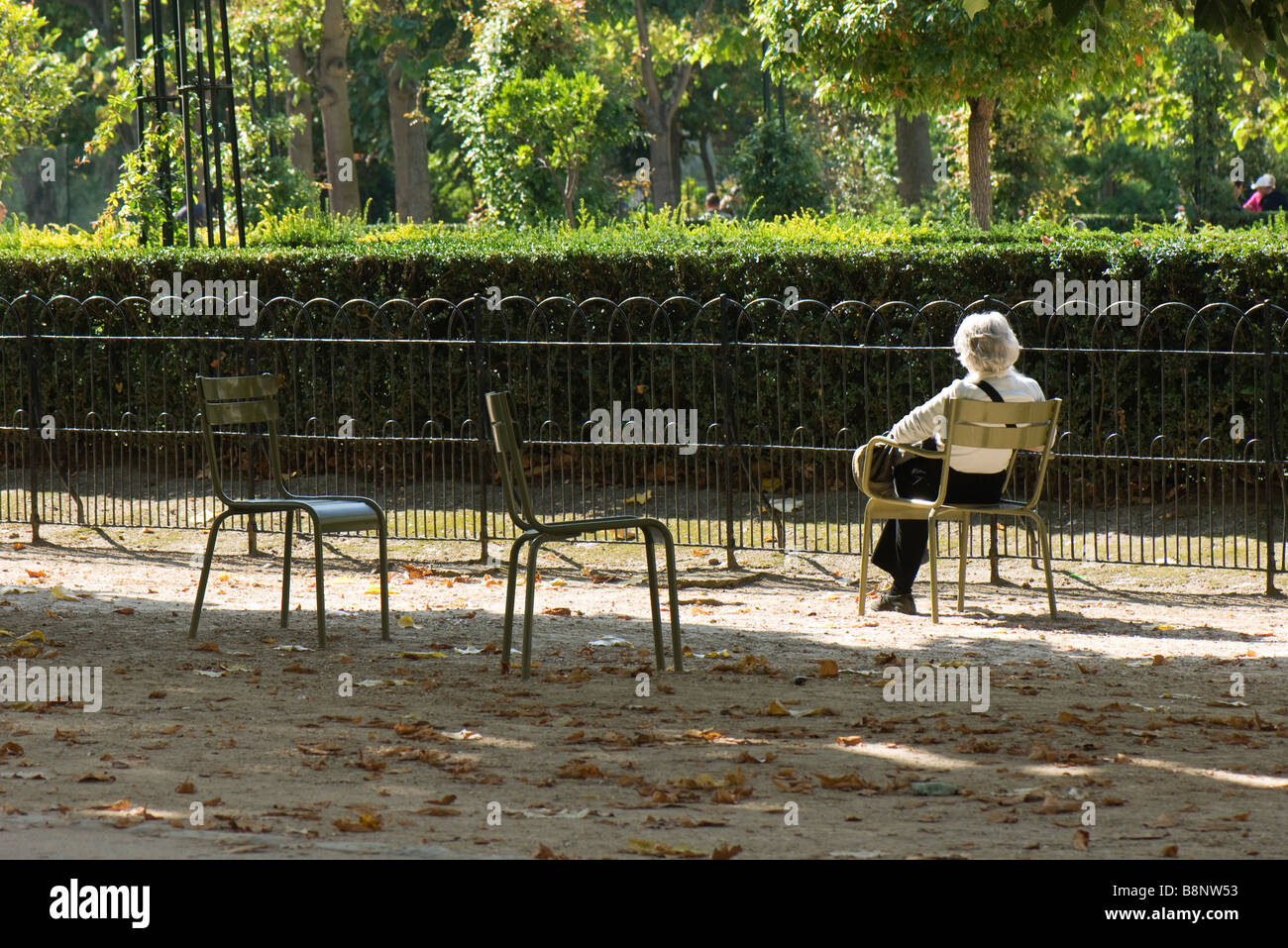 France, Paris, woman sitting alone in park, rear view Stock Photo
