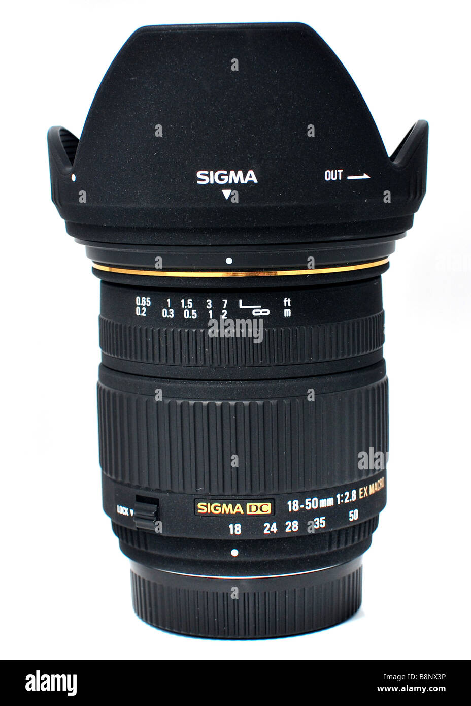 A pack-shot of the Sigma 18-50mm f2.8 digital SLR lens Stock Photo