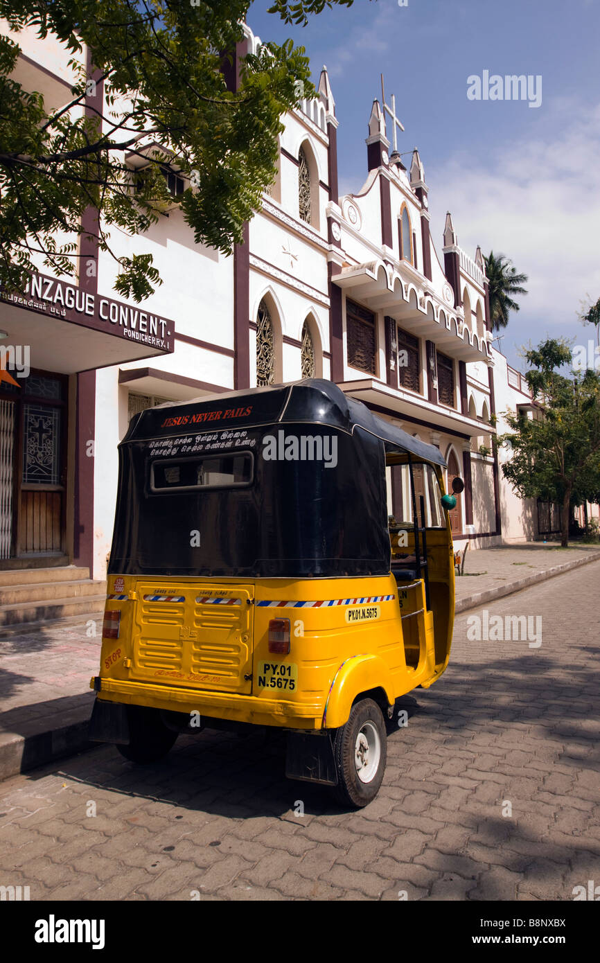 India Pondicherry Union Territory auto rickshaw outside St Louis Degonzagne catholic Convent Stock Photo