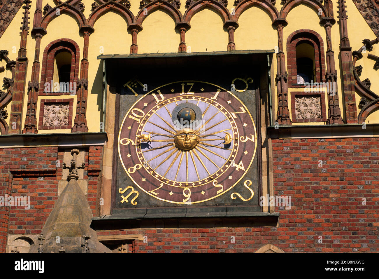 Poland, Wroclaw, Rynek, market square, old town hall, ancient clock (AD 1580) Stock Photo
