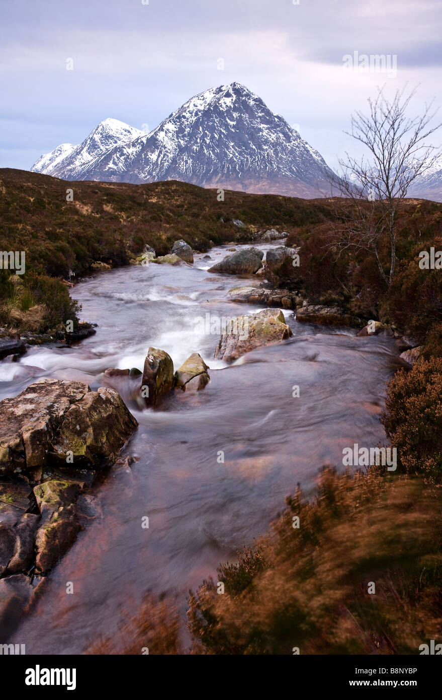 Rustic River Winter Scene, Buachaille Etive Mor, Scottish Highlands, Scotland. U.K Stock Photo