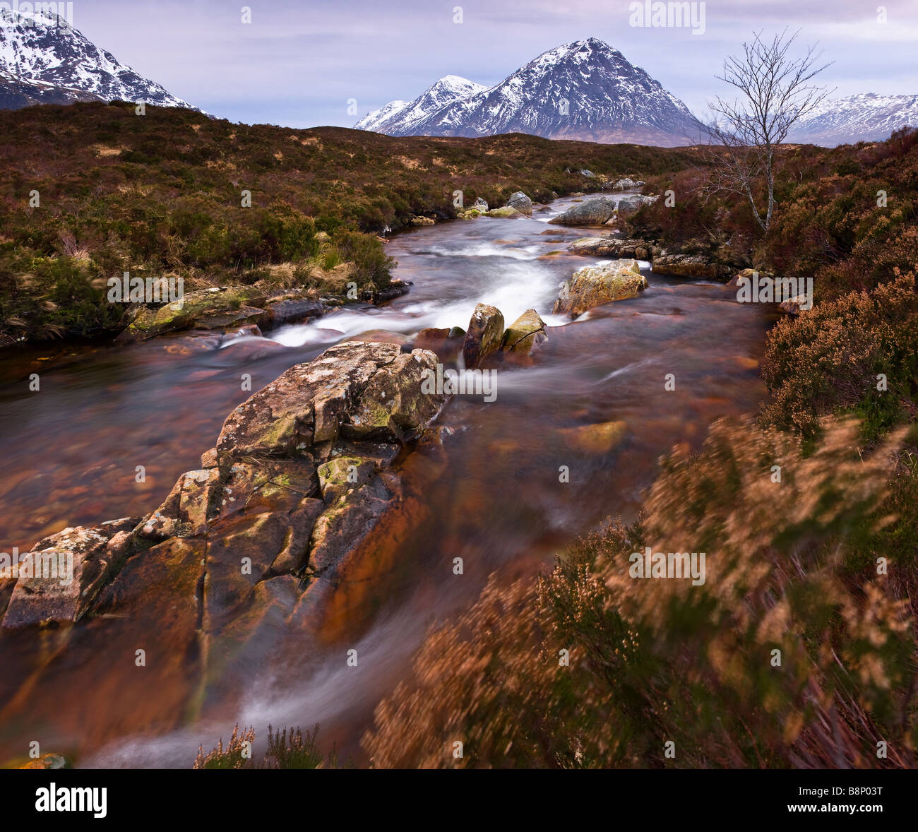 Rustic River Winter Scene, Buachaille Etive Mor, Scottish Highlands, Scotland. U.K Stock Photo