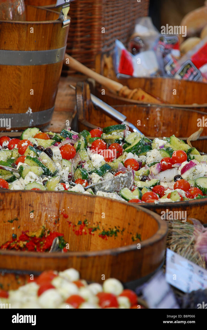 A selection of olives and other food on sale at a farmers maket in Hyde Park, London Stock Photo