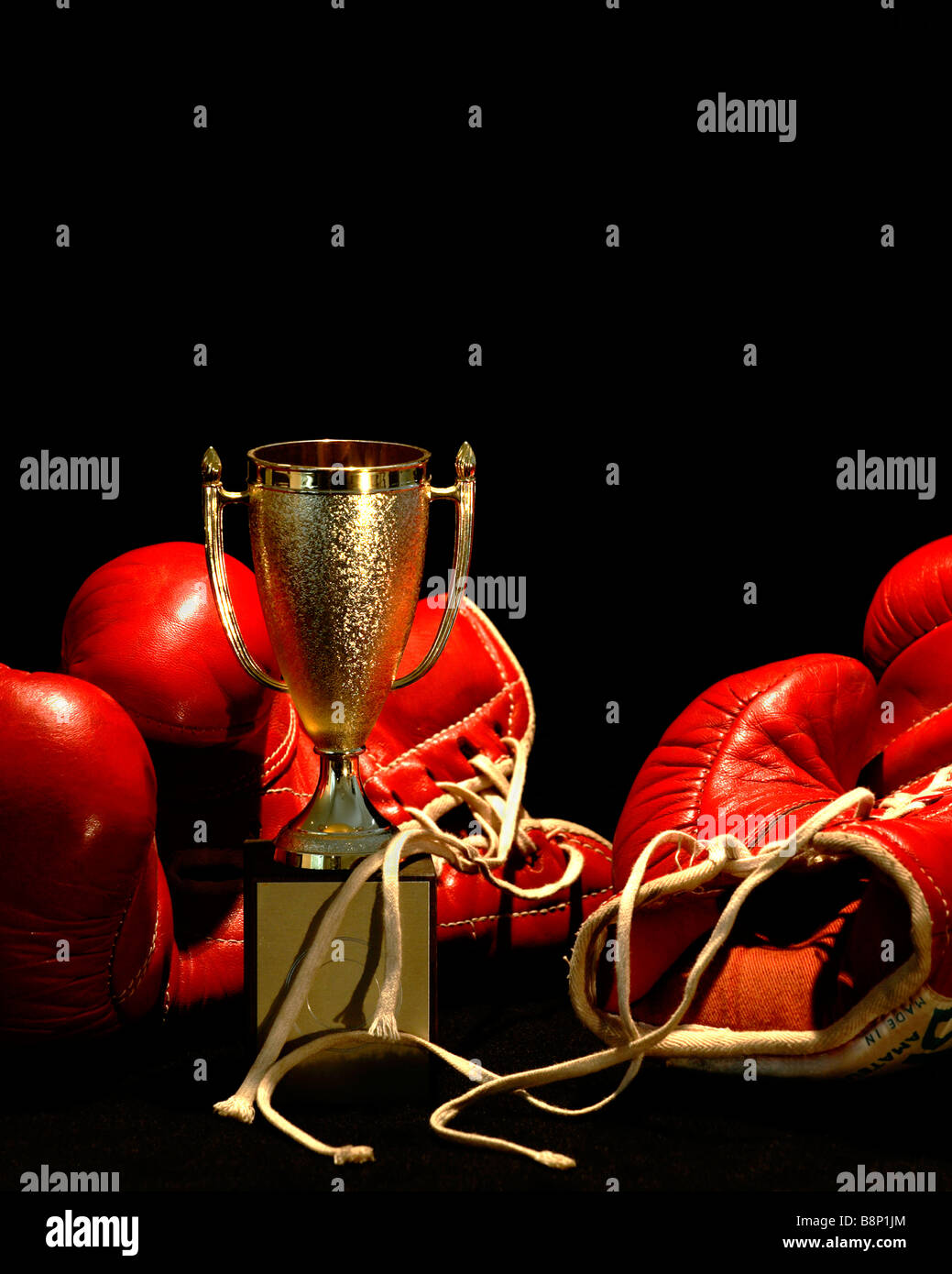 golden winner cup between two red boxing gloves in front of a dark