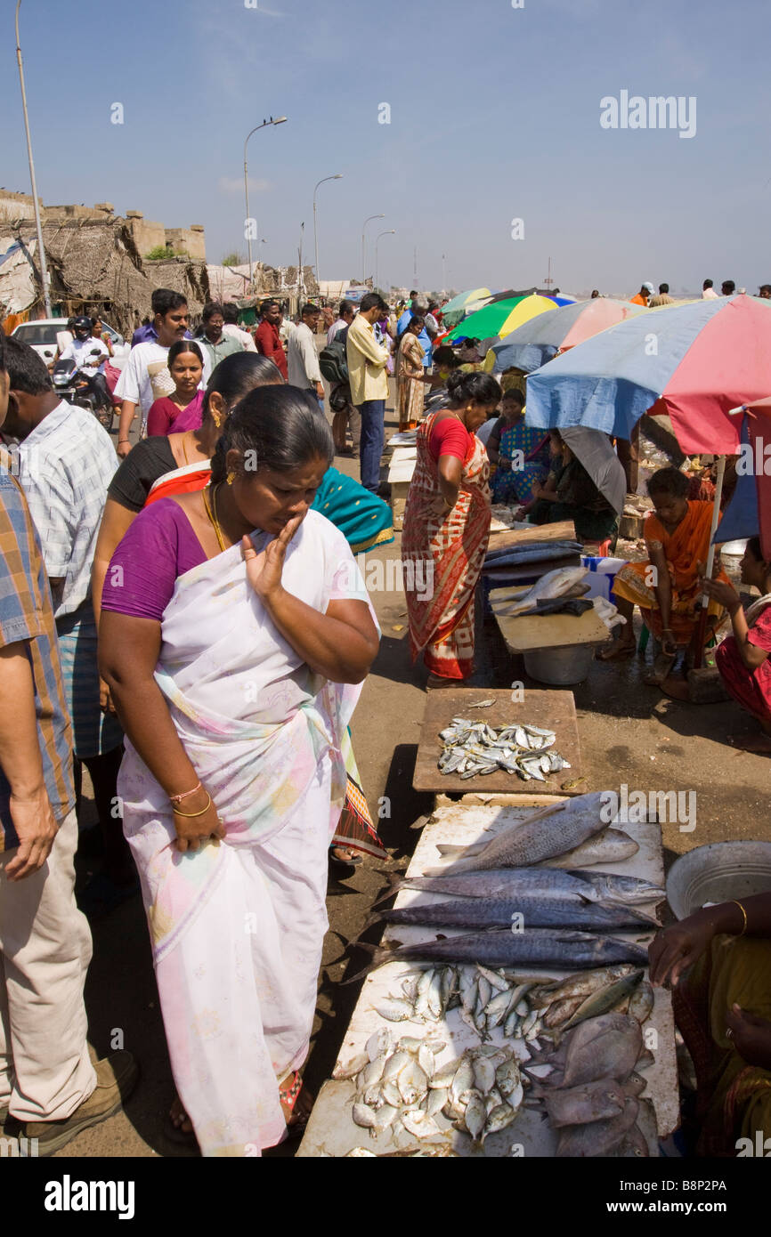 India Tamil Nadu Chennai beach fish market woman at small roadside