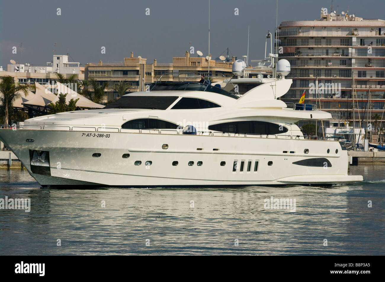 Large Luxury Expensive Motor Cruiser Yacht Boat in Santa Pola Harbour Spain Stock Photo